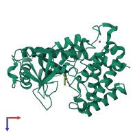 Monomeric assembly 1 of PDB entry 6nfg coloured by chemically distinct molecules, top view.