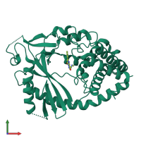 Monomeric assembly 2 of PDB entry 6nfg coloured by chemically distinct molecules, front view.