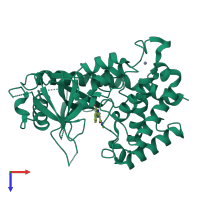 Monomeric assembly 2 of PDB entry 6nfg coloured by chemically distinct molecules, top view.