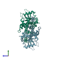 PDB entry 6nt5 coloured by chain, side view.