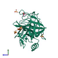 PDB entry 6o21 coloured by chain, side view.