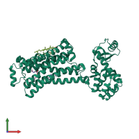 Monomeric assembly 1 of PDB entry 6oba coloured by chemically distinct molecules, front view.