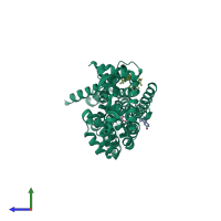 Monomeric assembly 1 of PDB entry 6oba coloured by chemically distinct molecules, side view.