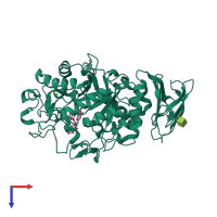 Monomeric assembly 1 of PDB entry 6ocn coloured by chemically distinct molecules, top view.