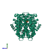 Homo dimeric assembly 1 of PDB entry 6oh6 coloured by chemically distinct molecules, side view.