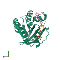 Monomeric assembly 1 of PDB entry 6oim coloured by chemically distinct molecules, side view.