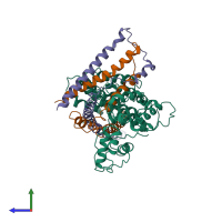 PDB entry 6oua coloured by chain, side view.