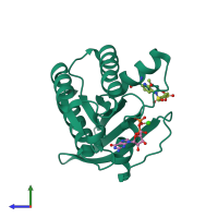 Monomeric assembly 1 of PDB entry 6p0l coloured by chemically distinct molecules, side view.