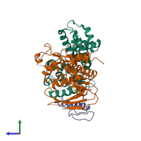 Hetero trimeric assembly 1 of PDB entry 6p8h coloured by chemically distinct molecules, side view.