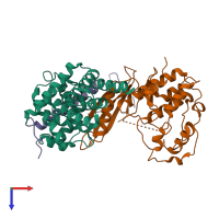 Hetero trimeric assembly 1 of PDB entry 6p8h coloured by chemically distinct molecules, top view.