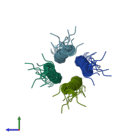 PDB entry 6pvr coloured by chain, ensemble of 10 models, side view.