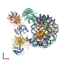 Hetero 16-meric assembly 1 of PDB entry 6pwv coloured by chemically distinct molecules, front view.