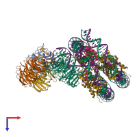 Hetero 16-meric assembly 1 of PDB entry 6pwv coloured by chemically distinct molecules, top view.