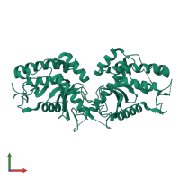 Homo dimeric assembly 1 of PDB entry 6qbm coloured by chemically distinct molecules, front view.