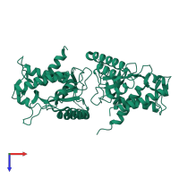 Homo dimeric assembly 1 of PDB entry 6qbm coloured by chemically distinct molecules, top view.