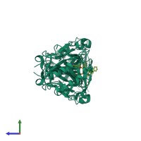 Homo dimeric assembly 1 of PDB entry 6qut coloured by chemically distinct molecules, side view.