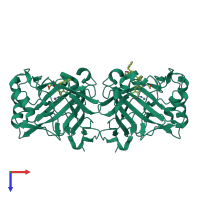Homo dimeric assembly 1 of PDB entry 6qut coloured by chemically distinct molecules, top view.