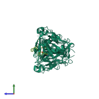 Homo dimeric assembly 2 of PDB entry 6qut coloured by chemically distinct molecules, side view.