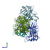 PDB entry 6qut coloured by chain, side view.