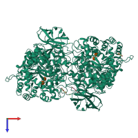 Homo dimeric assembly 1 of PDB entry 6r5t coloured by chemically distinct molecules, top view.