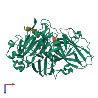 Monomeric assembly 1 of PDB entry 6rho coloured by chemically distinct molecules, top view.
