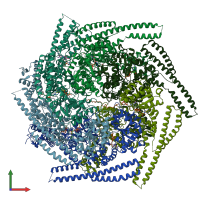 PDB entry 6rn2 coloured by chain, front view.