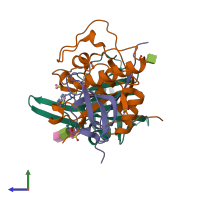 Hetero trimeric assembly 1 of PDB entry 6rni coloured by chemically distinct molecules, side view.