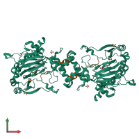 Hetero tetrameric assembly 1 of PDB entry 6ruj coloured by chemically distinct molecules, front view.