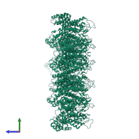 Homo 18-meric assembly 1 of PDB entry 6skn coloured by chemically distinct molecules, side view.