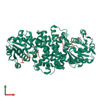 Homo dimeric assembly 1 of PDB entry 6smt coloured by chemically distinct molecules, front view.