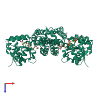 Homo dimeric assembly 1 of PDB entry 6smt coloured by chemically distinct molecules, top view.