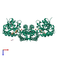 Homo dimeric assembly 2 of PDB entry 6smt coloured by chemically distinct molecules, top view.