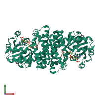 Homo dimeric assembly 3 of PDB entry 6smt coloured by chemically distinct molecules, front view.