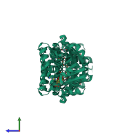Homo dimeric assembly 3 of PDB entry 6smt coloured by chemically distinct molecules, side view.