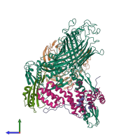 PDB entry 6smx coloured by chain, side view.