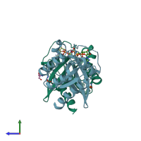 PDB entry 6stg coloured by chain, side view.