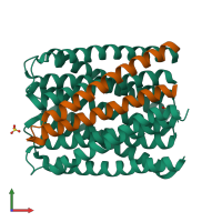 Hetero hexameric assembly 1 of PDB entry 6tms coloured by chemically distinct molecules, front view.