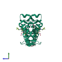 Homo dimeric assembly 1 of PDB entry 6tom coloured by chemically distinct molecules, side view.