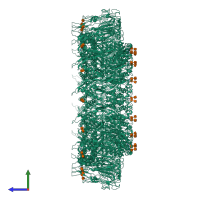 Homo 16-meric assembly 1 of PDB entry 6u2w coloured by chemically distinct molecules, side view.