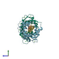 PDB entry 6u3d coloured by chain, side view.