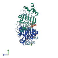 PDB entry 6u9c coloured by chain, side view.