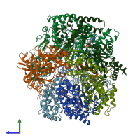 PDB entry 6ut8 coloured by chain, side view.