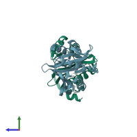 PDB entry 6vfm coloured by chain, side view.