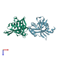 PDB entry 6vfm coloured by chain, top view.