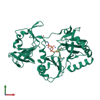 PDB entry 6vt6 coloured by chain, front view.