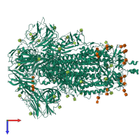 Homo trimeric assembly 1 of PDB entry 6vxx coloured by chemically distinct molecules, top view.