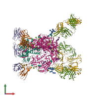 Hetero 18-meric assembly 1 of PDB entry 6vzi coloured by chemically distinct molecules, front view.