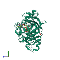 Monomeric assembly 1 of PDB entry 6wug coloured by chemically distinct molecules, side view.