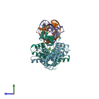 PDB entry 6xla coloured by chain, side view.