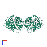 Homo dimeric assembly 1 of PDB entry 6xm9 coloured by chemically distinct molecules, top view.